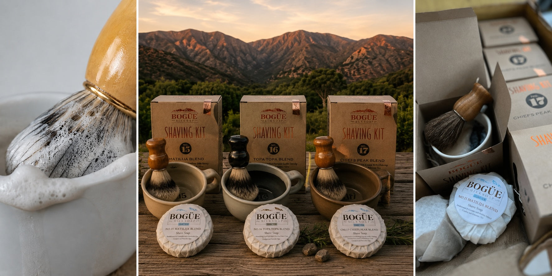 traditional goat milk shave soap kits in mugs with brush 
