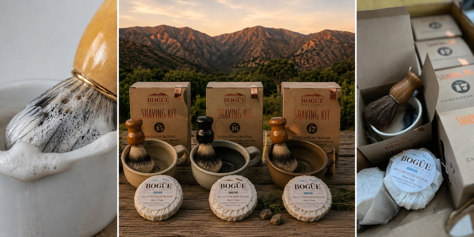 traditional goat milk shave soap kits in mugs with brush 