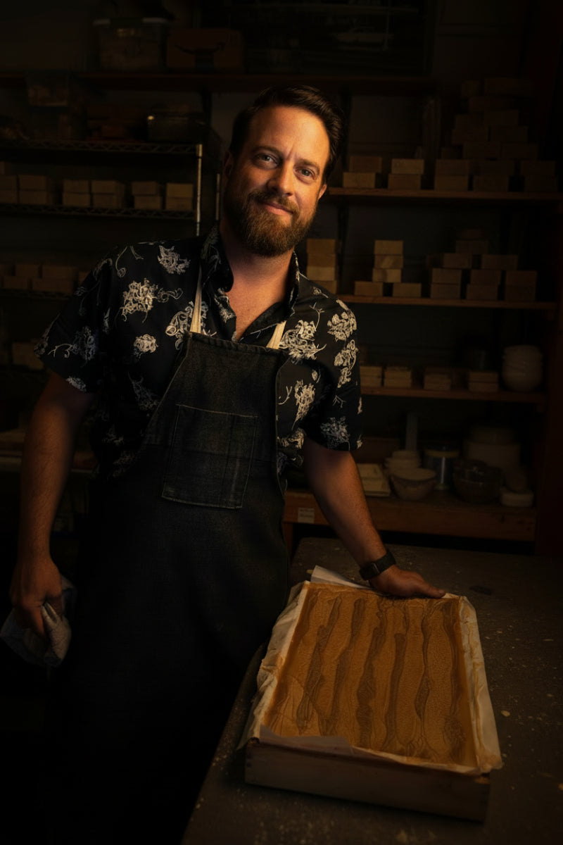 Adam Newton-Bogue in soap hop with cut soap