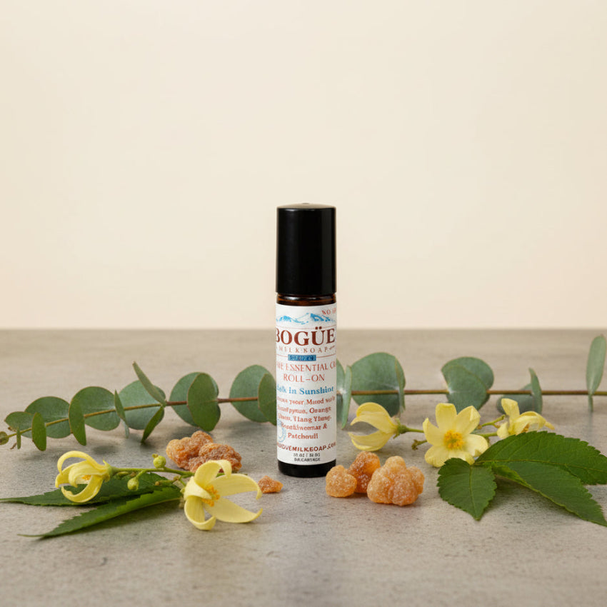 Essential oil roll-on of frankincense, eucalyptus, orange, ylang ylang