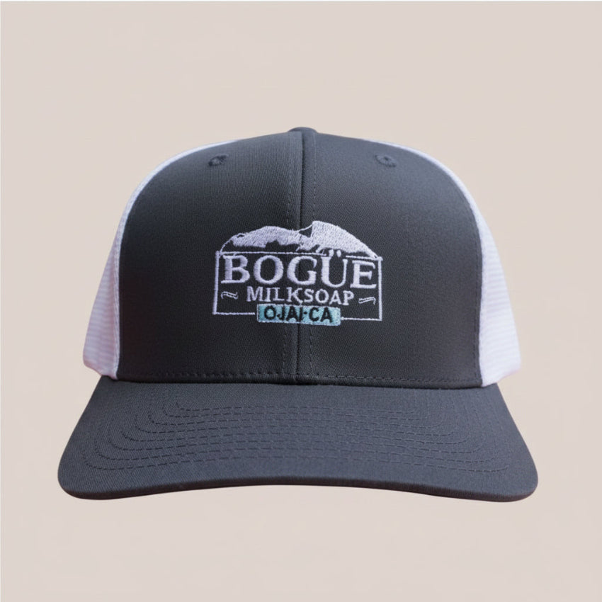 front of grey trucker hat for Bogue made in Ojai CA