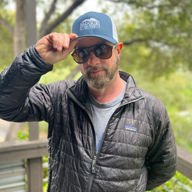 Bogue snapback trucker dark blue on white worn in Ojai