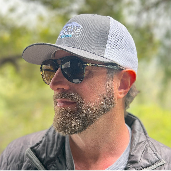 wearing grey Bogue trucker hat