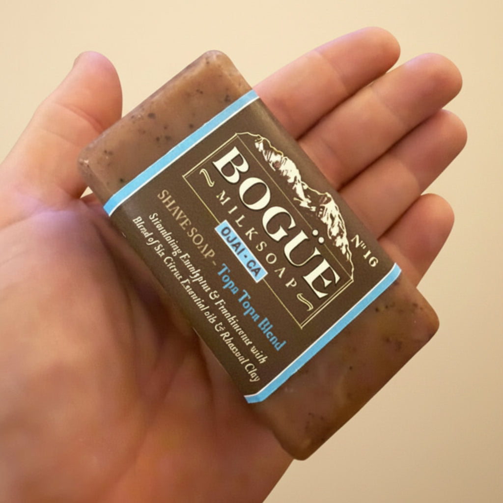Eucalptus shave soap bar in hand
