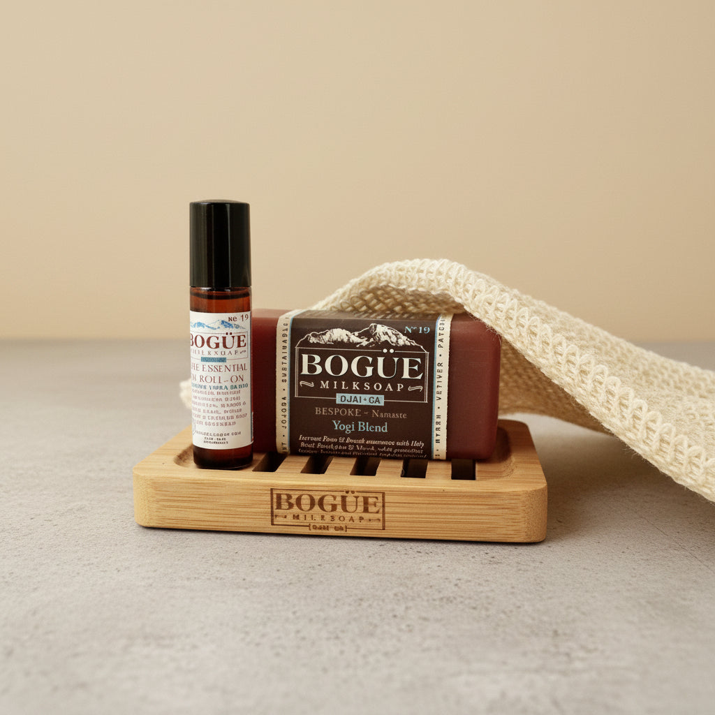 Yoga Goat Milk Soap  and essential oil roll-on giftset with cloth BESPOKE No.19 Namaste Blend