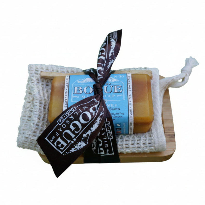 palo santo goat milk soap gift set with dish cloth and smudge stick