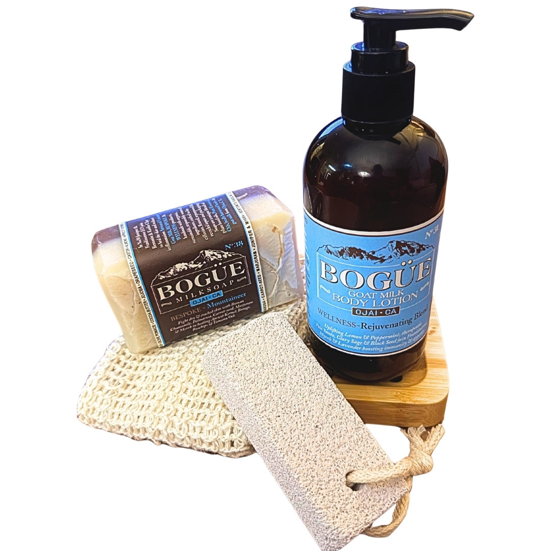 dry skin goat milk soap and lotion giftset with cloth and pumice stone
