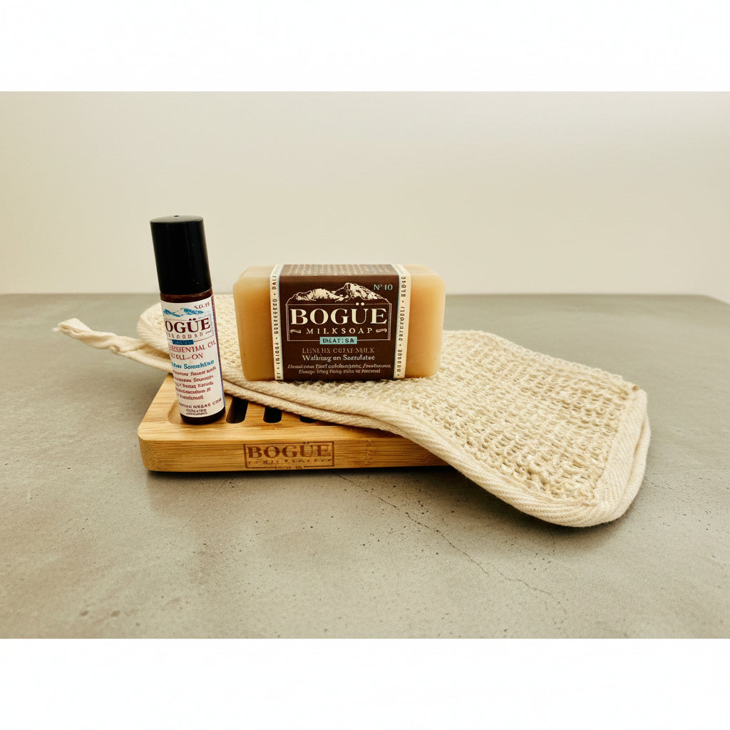 Frankincense Eucalyptus and Ylang Ylang goat milk soap and essential oil roll-on giftset