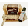 goat milk soap and essential oil gift set on dish with cloth