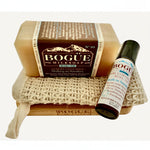 goat milk soap and essential oil gift set on dish with cloth