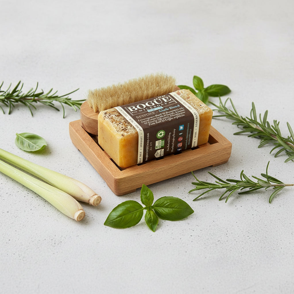 chefs soap with essnetial oils of lemongrass and rosemary giftset with dish nail scrubber 