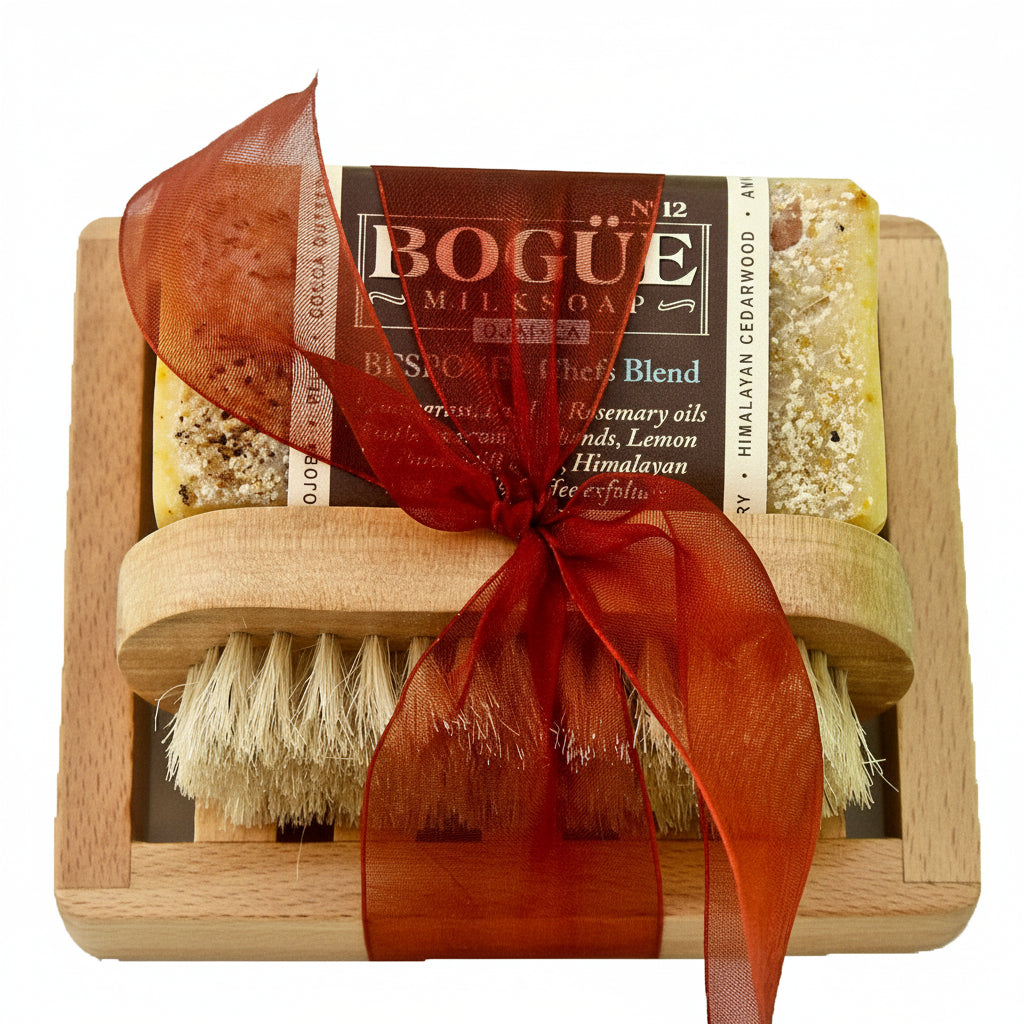 exfoliating chefs goat milk soap giftset with scrubber and dish
