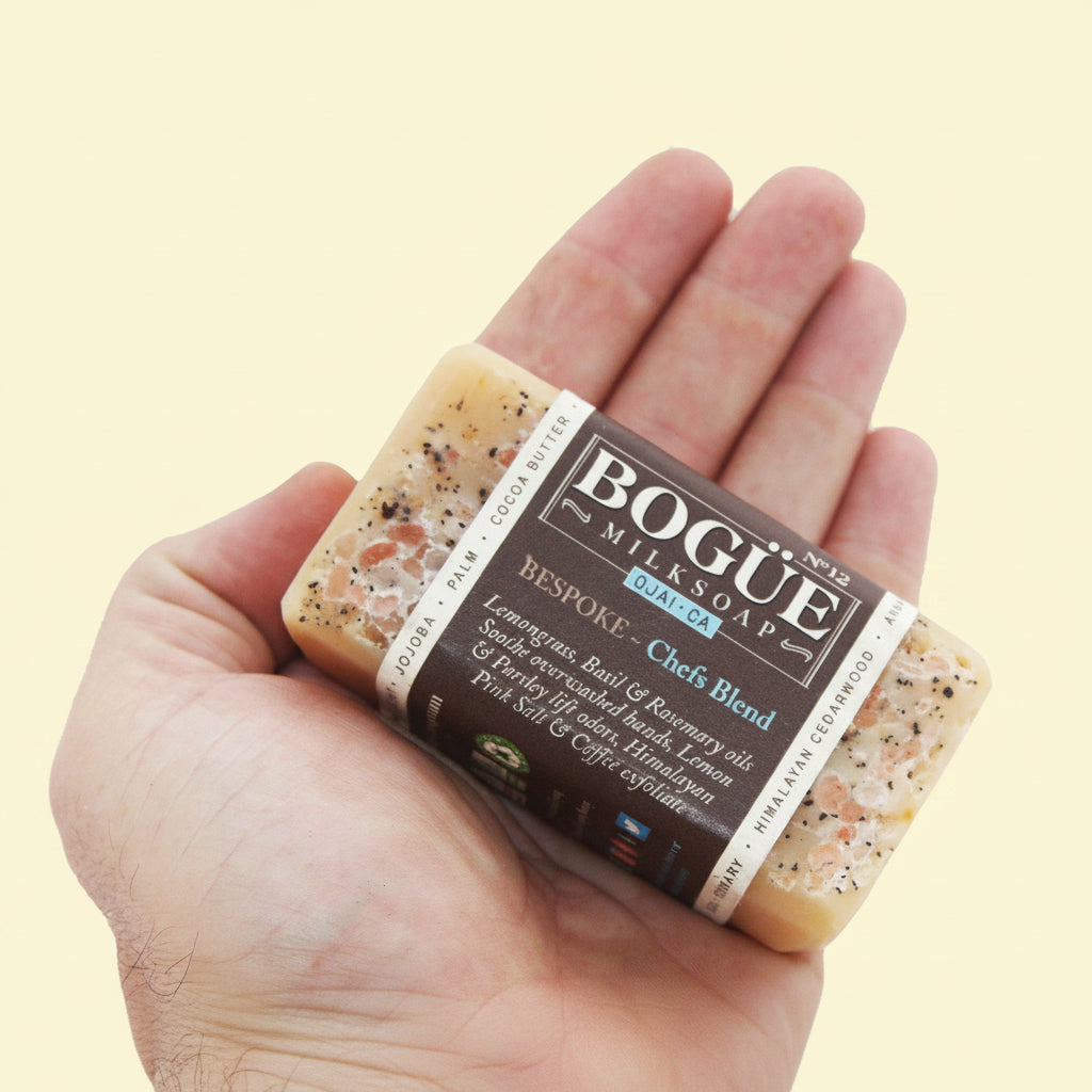 exfoliating salt soap in hand for size