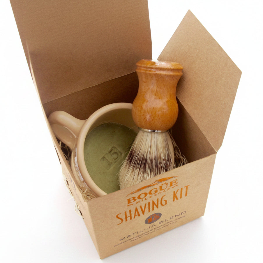 open box of sandalwood goat milk shaving soap kit with brush