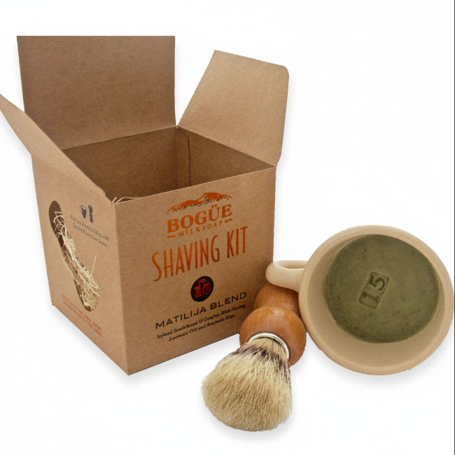 open box of shaving soap kit sandalwood goat milk shave soap