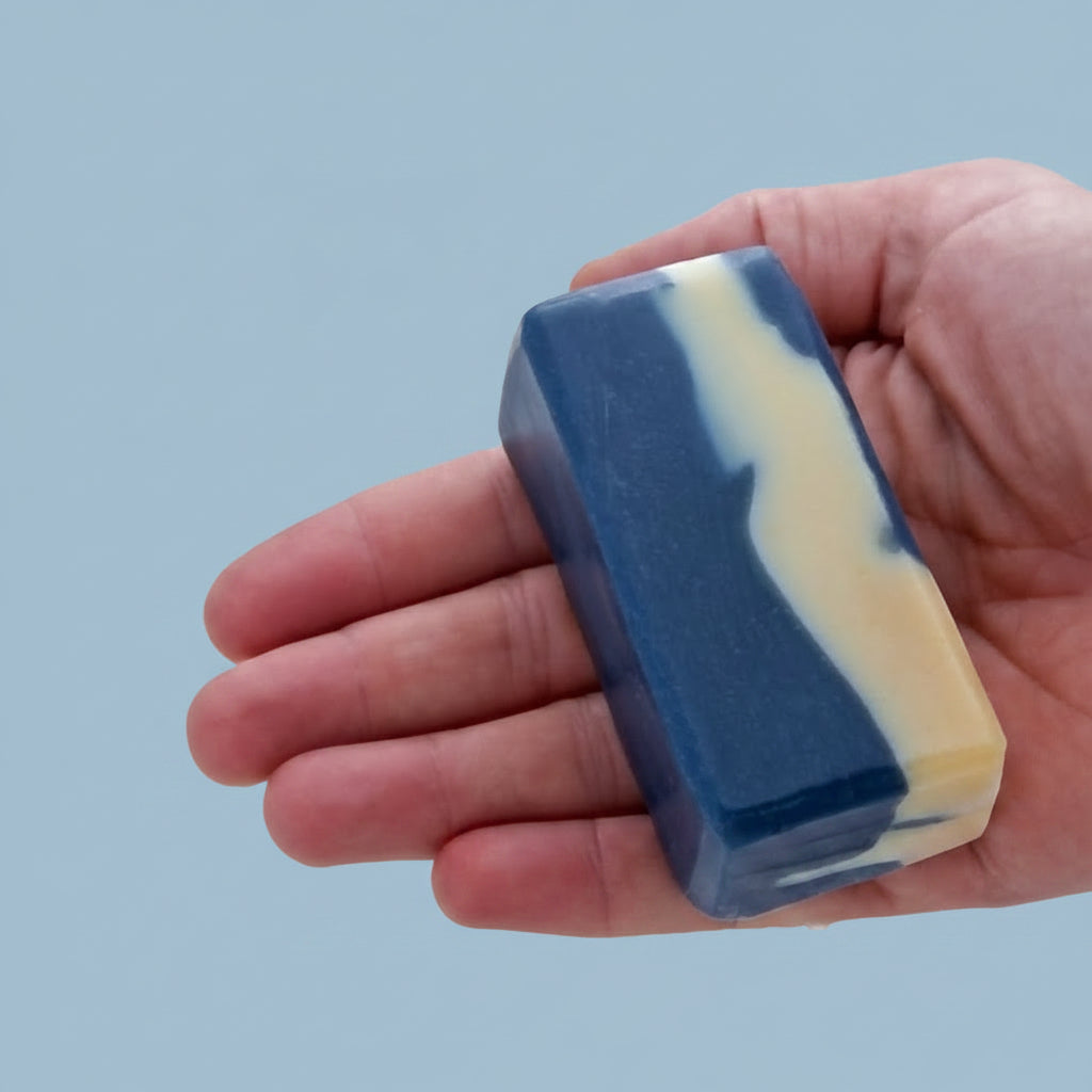 peppermint essential oil soap in hand for size