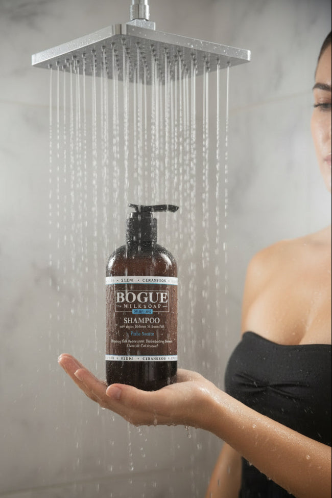 Palo Santo Organic Shampoo in shower 