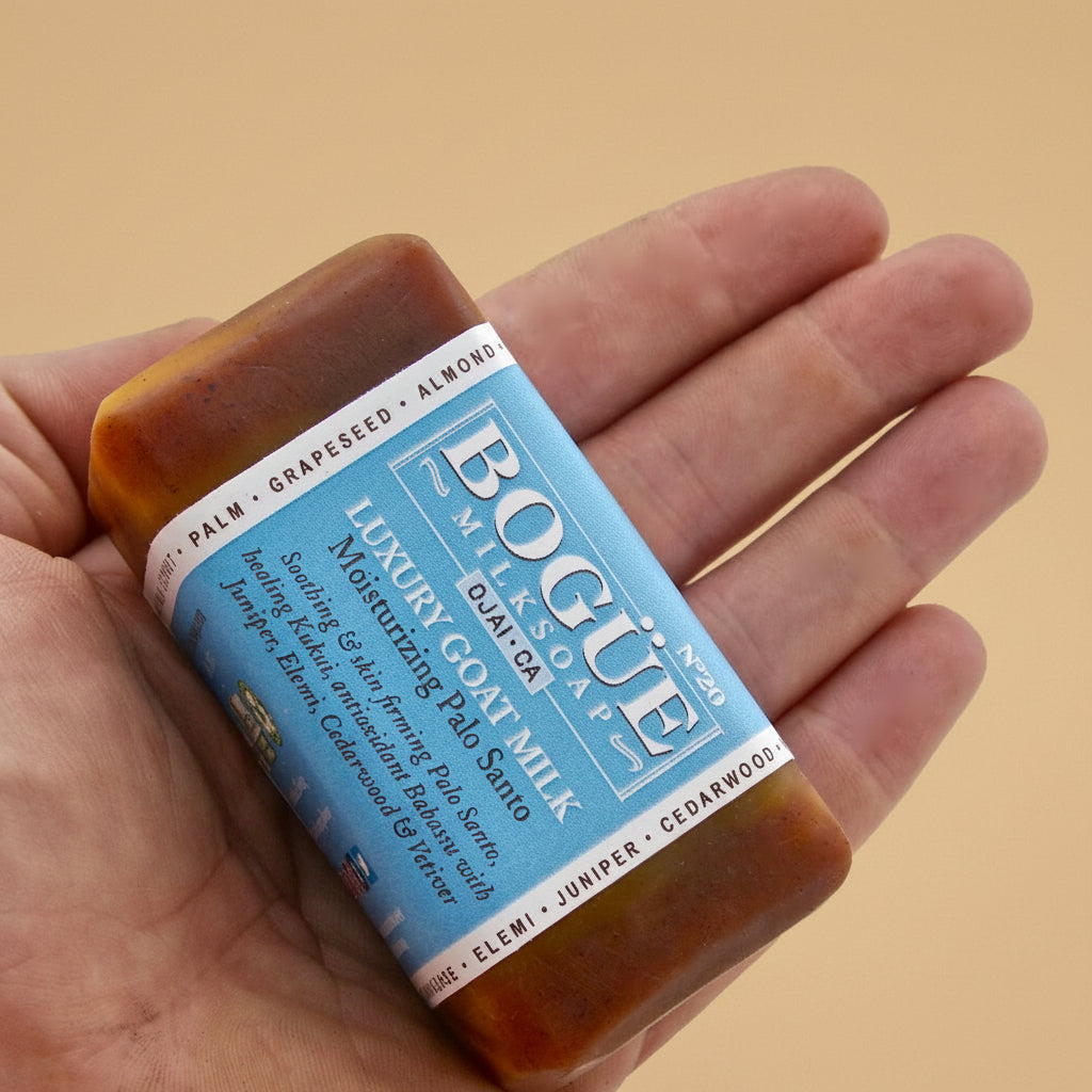 palo santo handmade soap in hand
