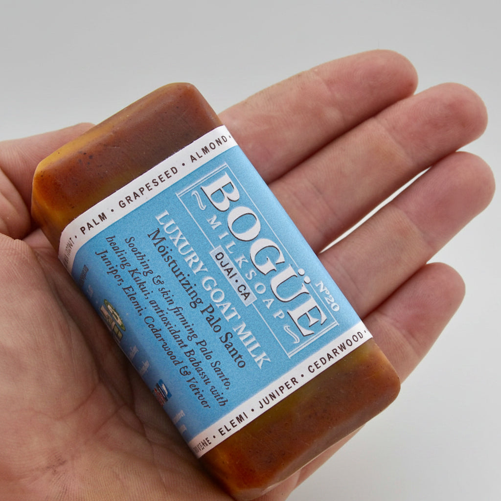palo santo soap in hand for size