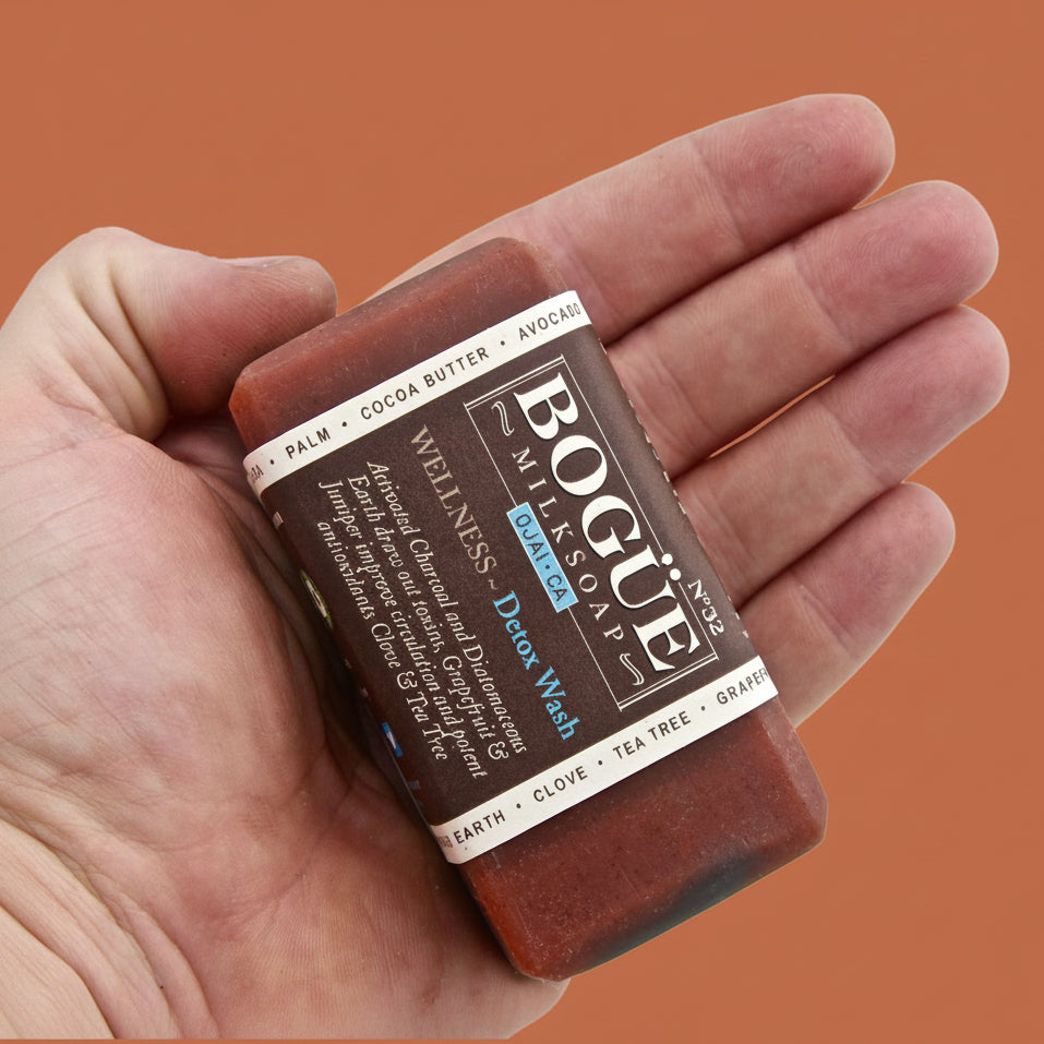 Charcoal Detoxing Goat Milk Soap in hand for size