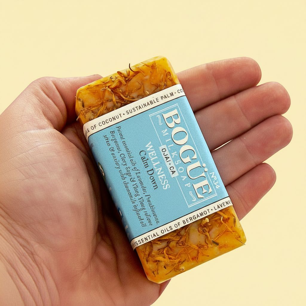 calm down blend chamomile goat milk soap in hand
