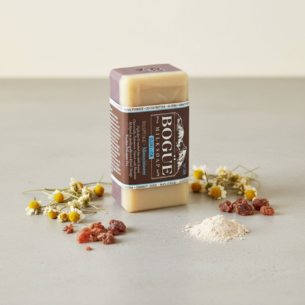 chamomile, myrrh mountaineer blend goat milk soap with bentonite clay