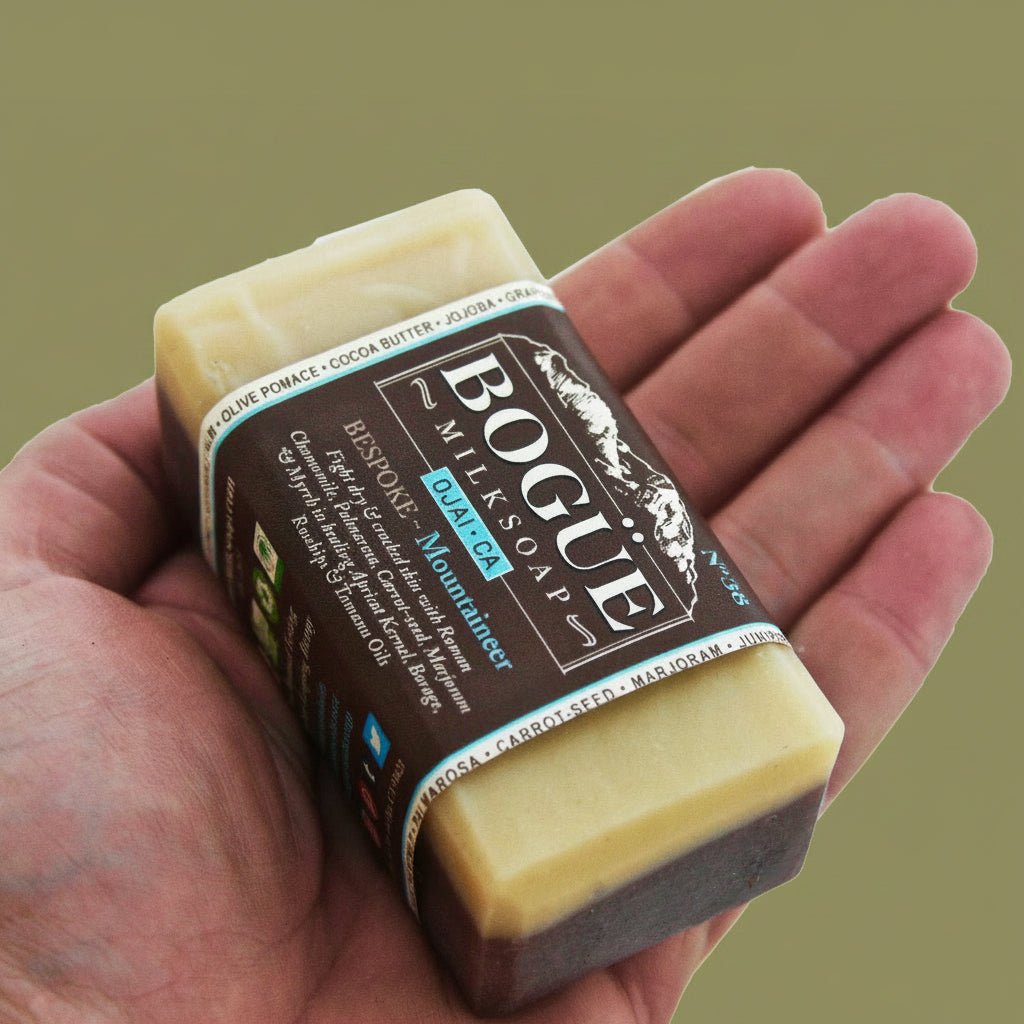Chamomile Goat Milk Soap in hand for size mountaineer bespoke blend