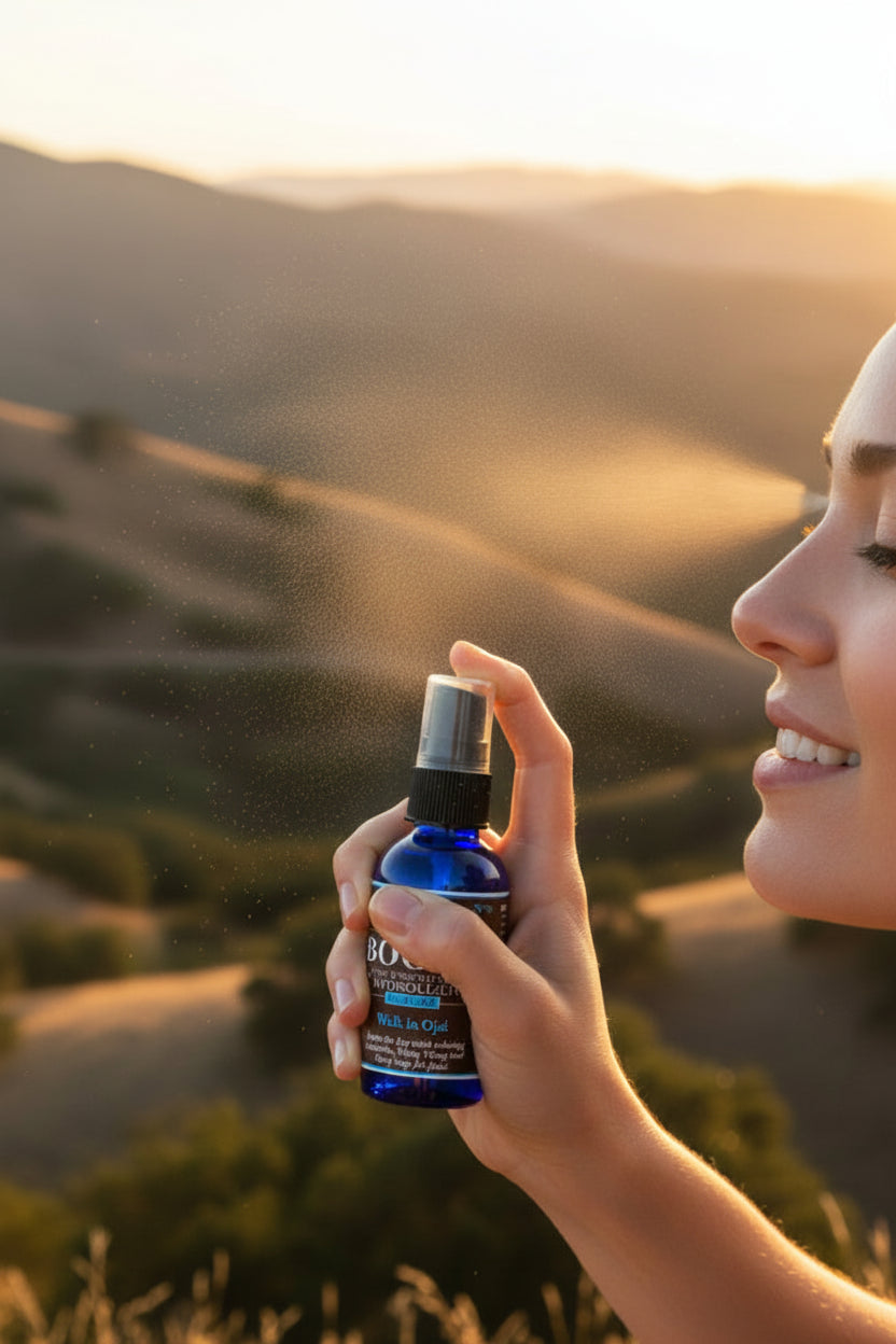 walk in ojai spray on face in mountains