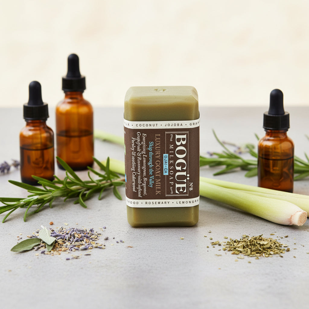 aromatherapy items with handmade soap walk with a skip