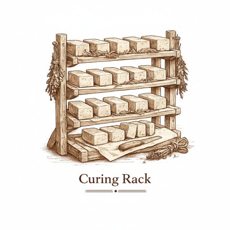 old method slow cure cold process soap curing on a rack