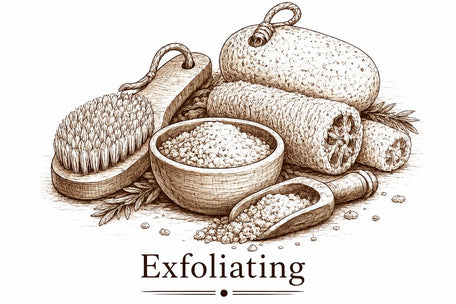 exfoliating botanicals, sisal cloth, pumice and clays