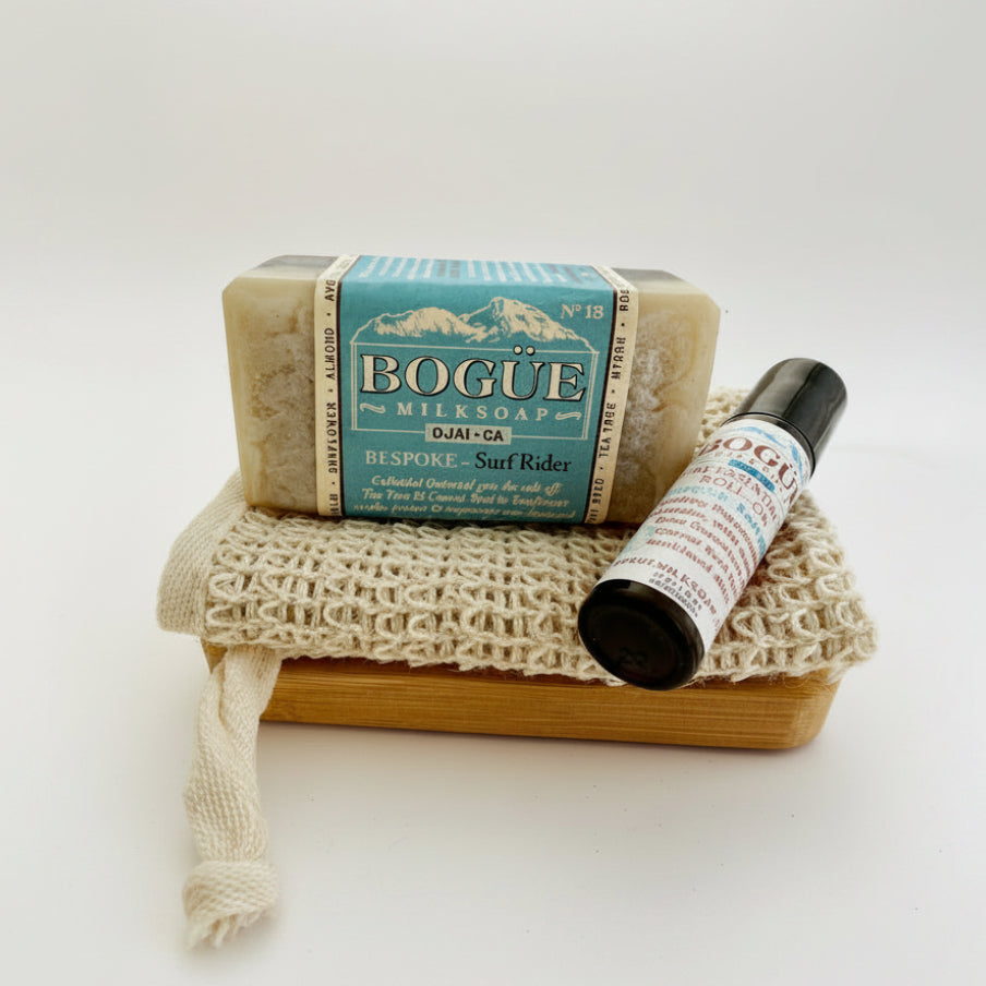 surf rider goat milk soap and essential oil set with dish and cloth