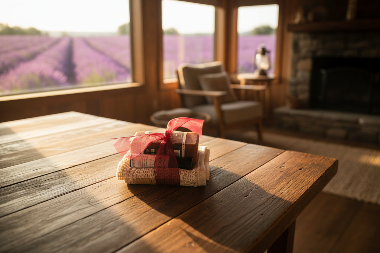soap giftset on table in ojai with lavender filds