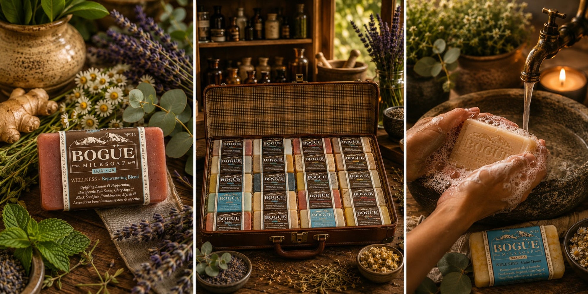 wellness handmade goat milk soap in shop and outdoor garden